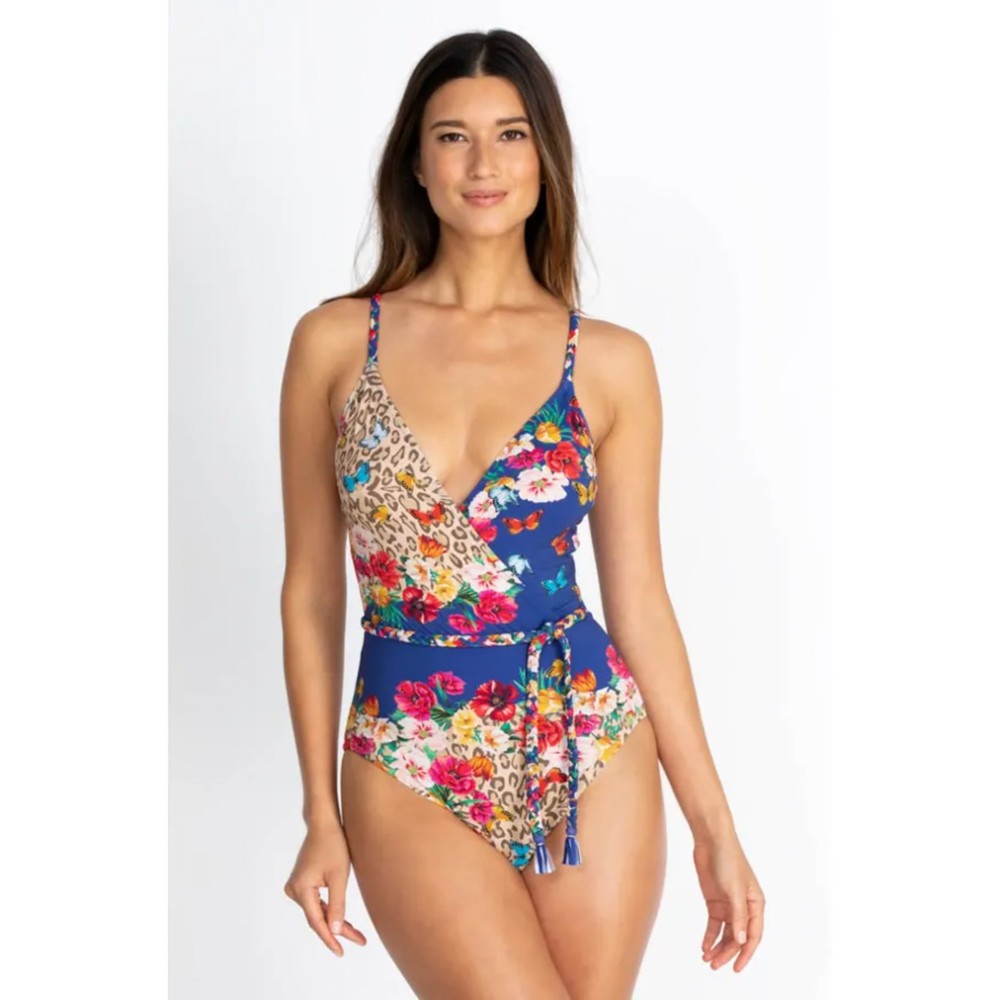 Johnny Was Fleur Braid Wrap One Piece Swimsuit XS M Butterfly Floral Print Belt - Picture 2 of 7
